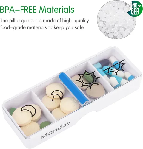 Vista 3 de Remedic Dispensador diario de píldoras, libre de BPA, grandes compartimentos transparentes, estuche organizador de medicamentos de viaje