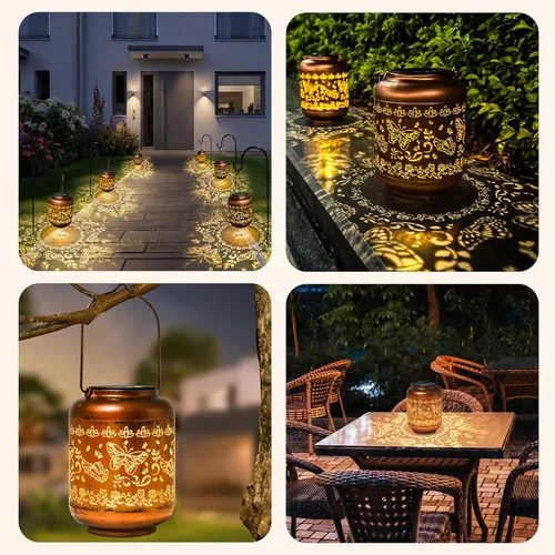 Vista 7 de Regalos de cumpleaños para mujeres, mamá, abuela, faroles solares de mariposa para exteriores, impermeables, cobre metal, luces solares colgantes