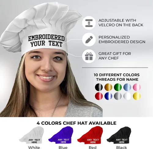 Vista 9 de Sombrero de chef personalizado con nombre, tamaño, color, fuente, hilo, es un gran regalo para niños y adultos