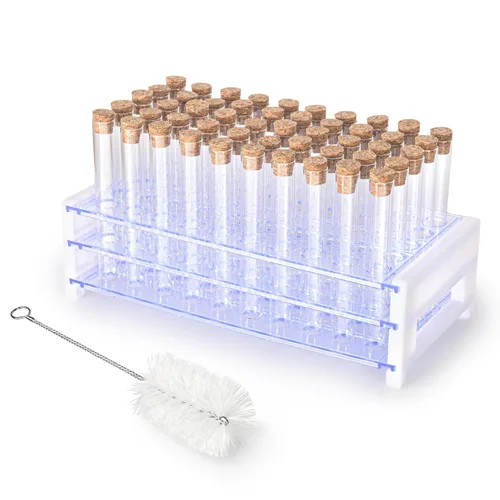 Vista 7 de 50 tubos de ensayo de vidrio transparente de 0.5 fl oz (0.512 x 3.937 in) con tapones de corcho y 1 estante de tubos de plástico de 50 agujeros