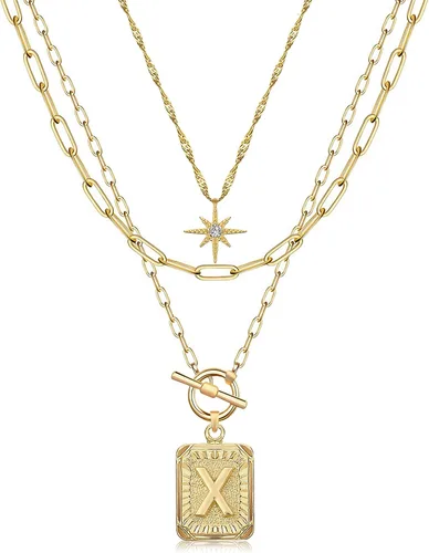 Vista 36 de MJartoria Collares con iniciales en capas para mujer, modernos, chapados en oro de 14 quilates, cadena de papel, collar sencillo con dije de Dorado
