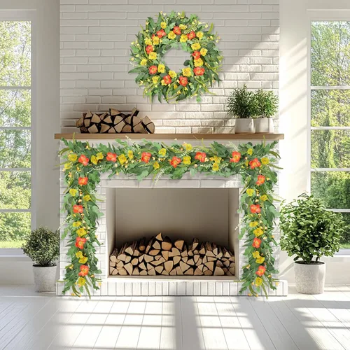 Vista 6 de Guirnalda de verano de 6 pies para decoración, guirnaldas de flores de eucalipto verde de verano para mesa de manto, decoración de boda, enredaderas