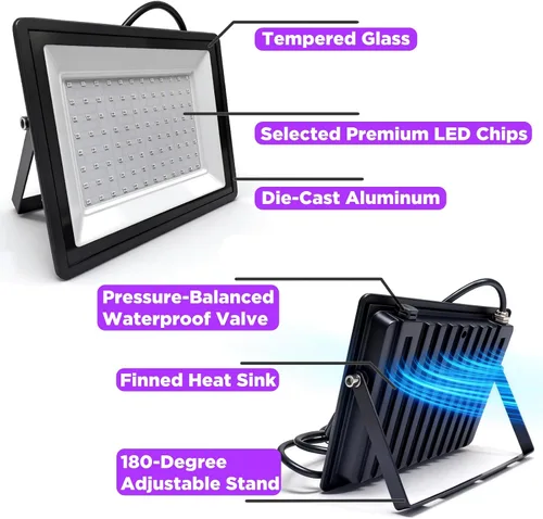 Vista 3 de Luz negra UV de 100 W, impermeable IP66, con enchufe e interruptor integrado. Ideal para fiestas brillantes, iluminación de escenario, pintura