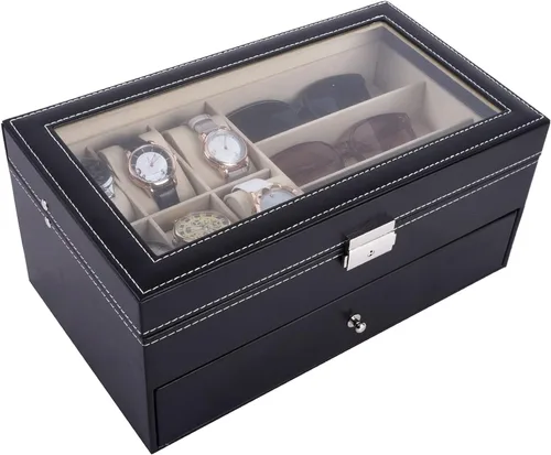 Vista 6 de Autoark Caja de joyería de cuero para 6 relojes y 9 piezas de almacenamiento para lentes y lentes de sol organizador de caja con bloqueo negro AW-048