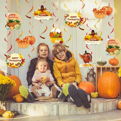 Vista 3 de 24 piezas de decoración de remolinos colgantes de otoño, decoración de techo colgante de Acción de Gracias, cesta colgante, pavo, calabaza, pastel