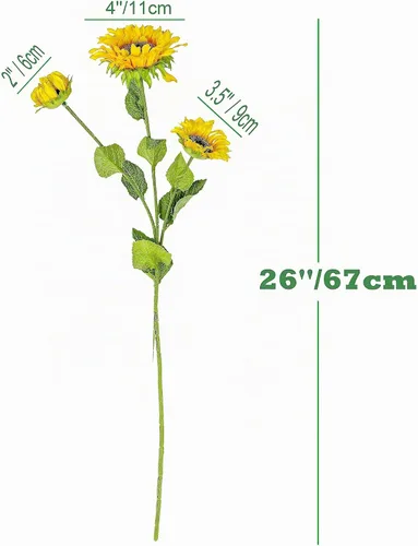 Vista 2 de Girasoles artificiales, 6 ramas de tallo de 29 pulgadas de largo con 3 flores artificiales para boda, ramo de novia, decoración del hogar, centros