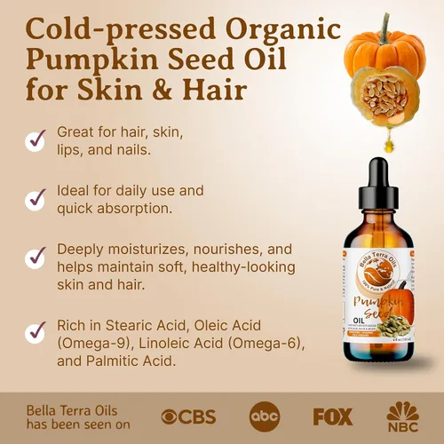 Vista 2 de Bella Terra Oils - Aceite de semilla de calabaza orgánico 2 oz - Esencia de calabaza orgánica pura, con ácido linoleico y vitamina A, para piel que