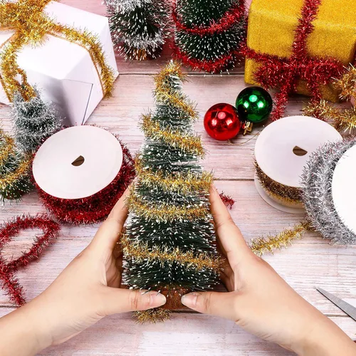 Vista 6 de Eboot Guirnalda de oropel de Navidad de 36 yardas, color dorado, plateado y rojo, cinta fina de oropel con purpurina, mini guirnalda de alambre