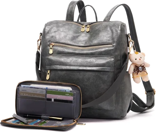 Vista 7 de Soperwillton Bolso de mochila para mujer. Bolsos de mano con diseño multiusos. Bolsa de hombro de cuero sintético. Bolsa de viaje. Juego de 2