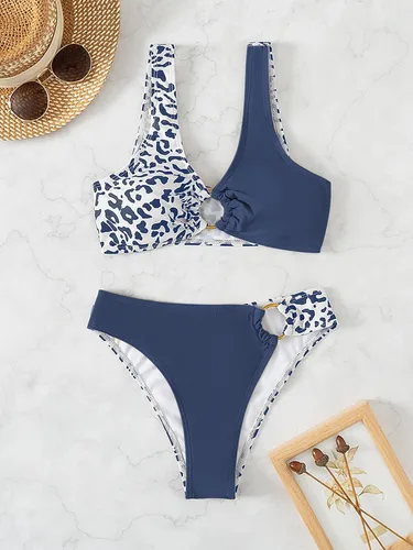 Vista 5 de SOLY HUX Women's 2 Piece Swimsuit Color Block Leopard Print Ring Linked Bikini Set Bathing Suits