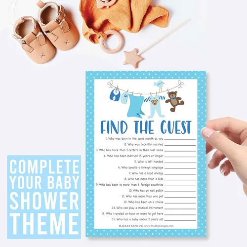 Vista 9 de Hadley Designs Juegos de baby shower para 25 invitados – Juego de trivia Blue Clothesline Boy Baby Shower, Find The Guest Babyshower Game Boy