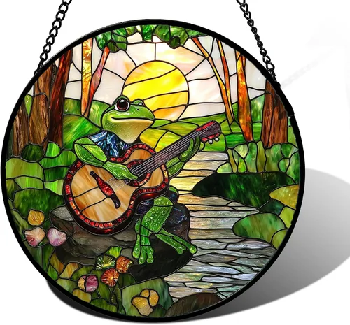 Vista 24 de DASTOLL Conjunto de 4 Piezas de Vidriera Manchada para Colgar en Ventanas Azul Océano con Árbol de Coco 16 cm - Atrapasoles para Puerta, Jardín