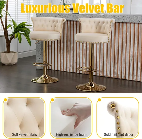 Vista 9 de Juego de 2 taburetes de bar giratorios de terciopelo de 360°, butacas ajustables para barra de cocina con respaldo de clavos, base dorada