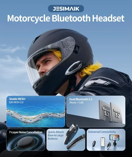 Vista 3 de JESIMAIK Auriculares Bluetooth para casco de motocicleta, sistema de comunicación de casco de malla para 10 jinetes, soporte magnético antirrobo