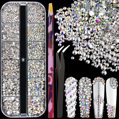 Vista 27 de Juego de 3440 piezas de cristales de vidrio transparente blanco y AB, en 6 tamaños con lápiz recogedor, pinzas para manicura con brillo iridiscente
