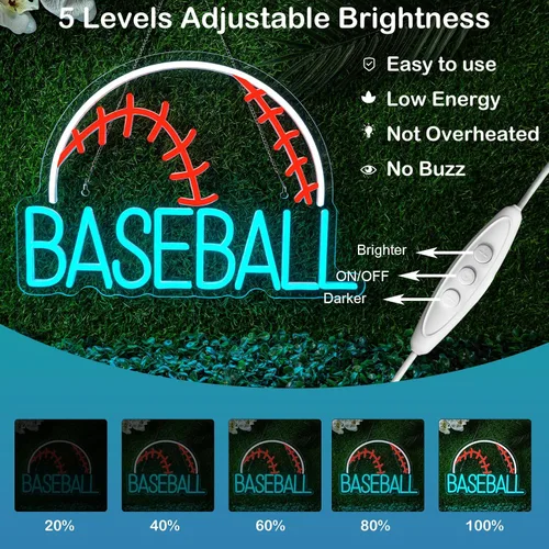 Vista 3 de Letrero de neón de béisbol, luz deportiva LED alimentada por USB, letrero azul usado para gimnasio, luz de béisbol para decoración de arte de pared