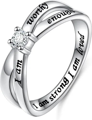 Vista 7 de DAOCHONG Anillo de Plata de Ley 925 "Soy Suficiente, Soy Digna, Soy Fuerte, Soy Amada" para Mujeres