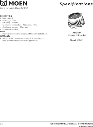 Vista 2 de Moen 137401 Kit de servicio de restrictor de flujo de aireador Eco-Performance para Rothbury o Voss, 1.5 gpm