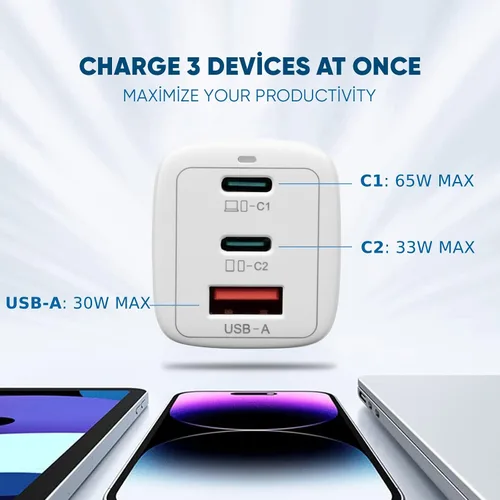 Vista 5 de Cargador USB C de 65 W, GaN Pro PD de carga rápida, plegable, 3 puertos compatibles con iPhone 15, 14 Pro, MacBook, Samsung, laptop, dispositivos