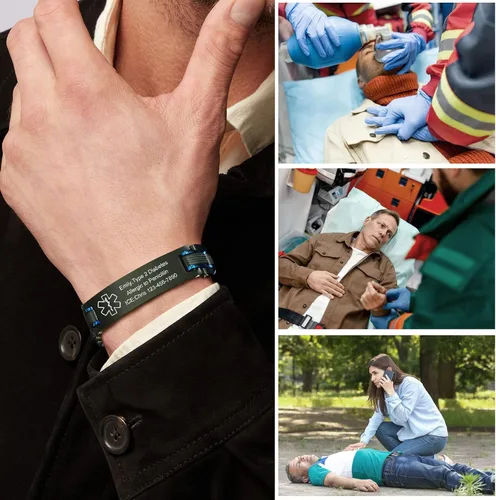 Vista 2 de VNOX Pulseras de identificación de alerta médica de emergencia de dos tonos para hombres, esposo, padre
