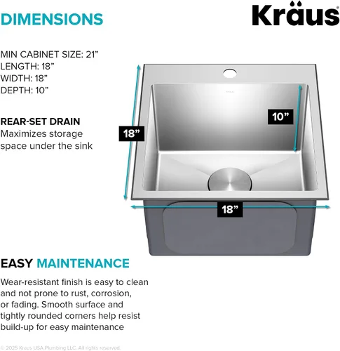 Vista 6 de Kraus Standart PRO - Fregadero de cocina de acero inoxidable de calibre 16 con tazón individual para bar, montaje superior/inferior de 18 pulgadas