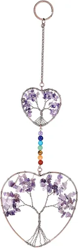Vista 8 de rockcloud Adorno colgante de árbol de la vida de doble corazón, 7 piedras curativas de reiki de chakras, hecho a mano, para colgar en la pared