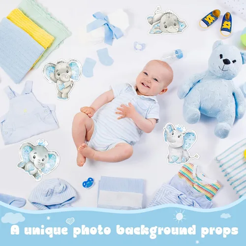 Vista 4 de Tatuo 36 piezas de recortes temáticos de elefantes, decoraciones de baby shower, bonitos recortes de elefante azul para baby shower, fiesta