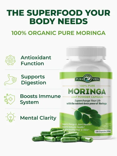 Vista 6 de PURA VIDA MORINGA Cápsulas de polvo de Moringa de origen único orgánico. Hoja pura de Moringa. Energía, metabolismo y apoyo inmunológico. 120