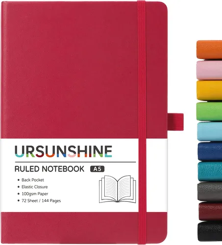 Vista 61 de Cuaderno punteado, diario, 5.3 x 8.26 pulgadas, tapa dura, prémium, papel grueso, doble espiral, bandas, cuero negro sintético, lazo para bolígrafo