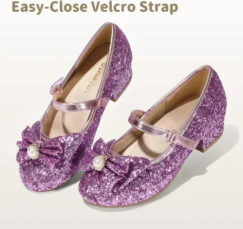 Vista 5 de DREAM PAIRS - Zapatos de vestir para niñas, zapatos de princesa para niña pequeña, Mary Jane, tacones bajos, con purpurina, flores, para fiesta, boda