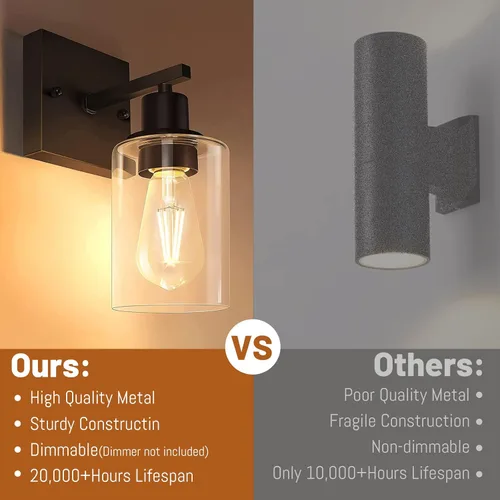 Vista 6 de Juego de 2 apliques de pared, juego de luces de baño negro mate, juego de luces de pared de granja, luces de tocador con pantalla de vidrio