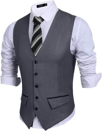 Vista 2 de COOFANDY Chaleco de traje de negocios para hombre, chaleco de vestir ajustado, chaleco de boda