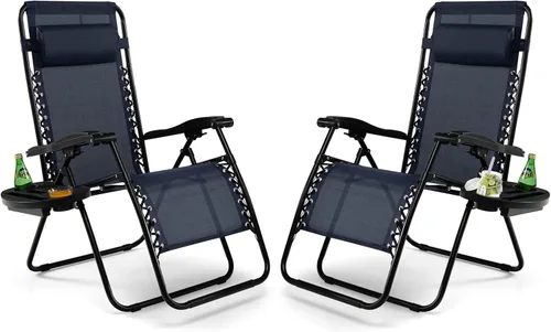 Vista 24 de Tangkula Zero Gravity - Silla plegable para patio, reclinable, ajustable, con soporte para tazas, reposabrazos anchos para patio, jardín, piscina