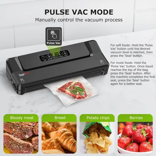 Vista 5 de Bonsenkitchen Máquina selladora al vacío con 5 bolsas de vacío, negro plateado