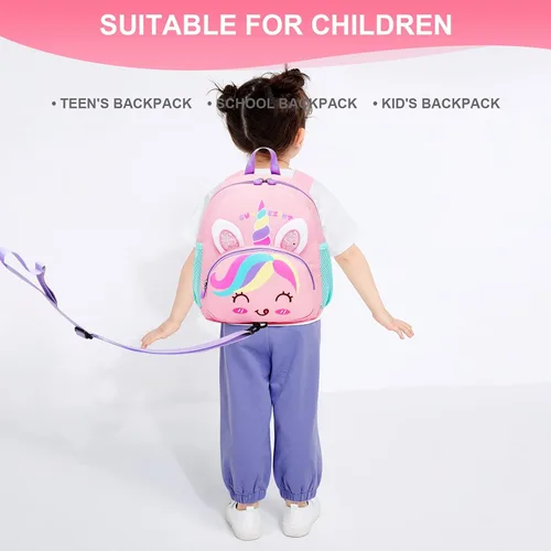 Vista 3 de Mochila pequeña para niñas y niños, mochila para perschool con correa para el pecho, dibujos animados 3D, Unicornio, Linda mini mochila para niñas