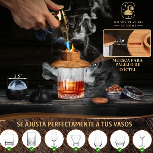 Vista 4 de Kit de ahumador de cócteles – Kit de camarero para ahumar bebidas con antorcha, moldes de hielo esfera, virutas de madera aromática – Kit