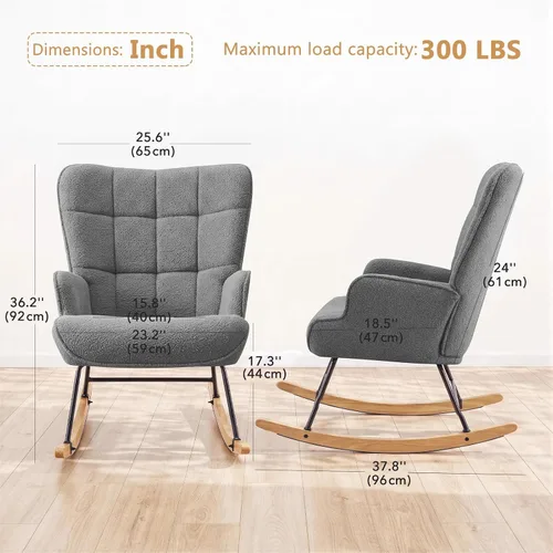 Vista 2 de Furniliving Silla mecedora para guardería, base de madera maciza de tela de Gris