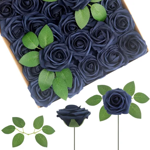 Vista 38 de 25 rosas realistas negras, flores artificiales de espuma de látex con tallos flexibles y 8 hojas para decoración de bodas, hogar y fiestas Negro