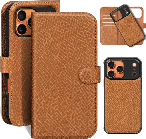 Vista 35 de Funda de cuero compatible con iPhone 16 Pro Max Cartera 6.9", cuero genuino 2 en 1, magnética, desmontable, a prueba de golpes, funda tipo folio