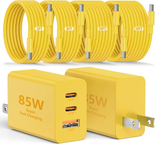 Vista 16 de Susnwere - Cargador de pared USB C de 85 W para Samsung S26 Ultra, 3 puertos de 100 W PD rápida 3.0 tipo C carga con cable USB C de 3/6/10/10 pies