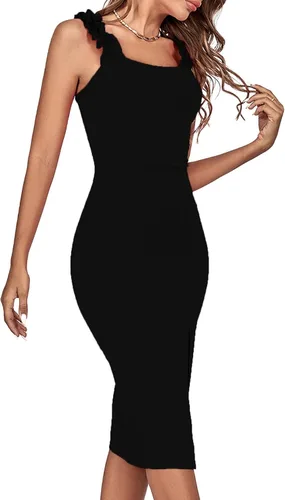 Vista 3 de Rooscier Vestido midi de cóctel sin mangas con tirantes y volantes para mujer