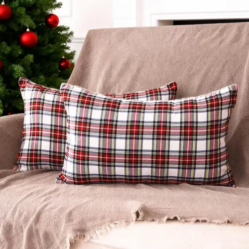 Vista 20 de Juego de 2 fundas de almohada lumbar de Navidad para exteriores de tartán Tartán lumbar marrón