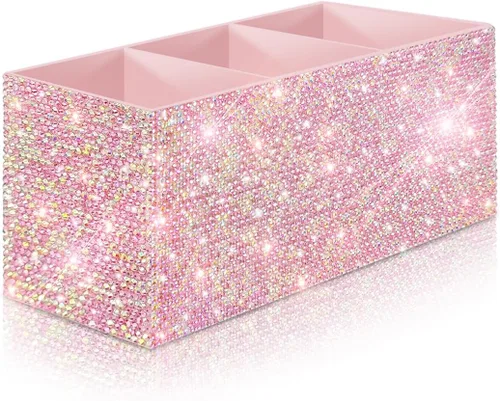 Vista 10 de Bling - Organizador de brochas de maquillaje, 3 ranuras para cosméticos, soportes de almacenamiento con diamantes de imitación brillantes, bonito