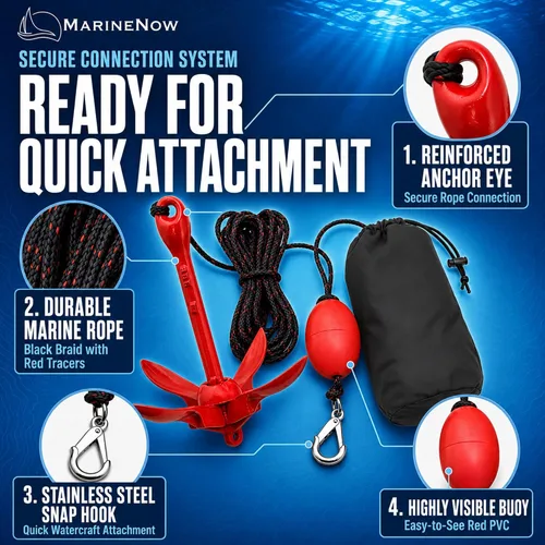 Vista 6 de MarineNow Kit de anclaje de grapnel de 3.5 lb – Anclaje plegable con cuerda de grado marino de 25 pies, boya, gancho a presión y bolsa
