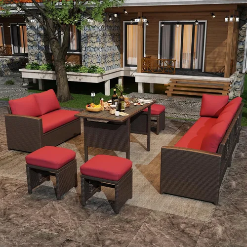 Vista 2 de U-MAX Juego de muebles de patio, 7 piezas de sofá seccional para exteriores Ratán marrón y cojín rojo