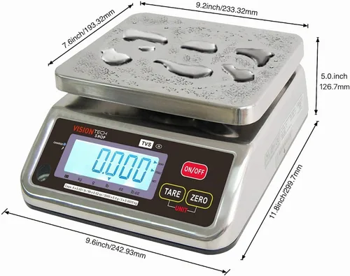 Vista 3 de VisionTechShop TVS - Báscula de lavado de acero inoxidable con control de porciones, conmutable en libras/oz/kg/g, diseño de perfil bajo, capacidad