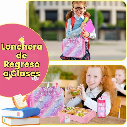 Vista 6 de JYPS - Caja de almuerzo estilo bento con diseño de unicornio para niños con bolsa de almuerzo aislada, juego de lonchera con botella de agua