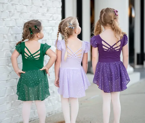 Vista 7 de Arshiner Leotardo de ballet brillante con mangas con volantes y falda con espalda cruzada para niñas
