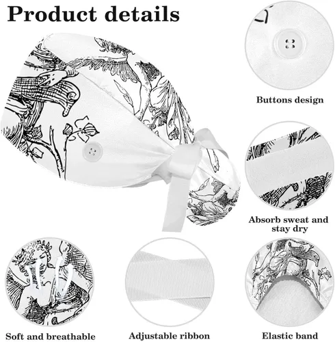 Vista 4 de Women's Working Caps with Bow Hair Scrunchy Long Hair Cover Ribbon Lace-Up Hat Sharks Sea Ocean