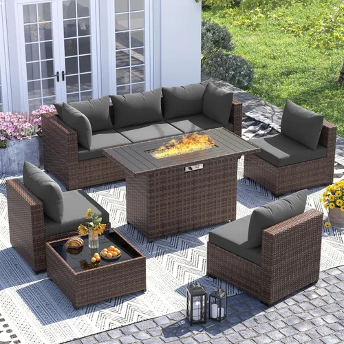 Vista 18 de UDPATIO Muebles de exterior 7 piezas de mimbre para patio, cojín Beige